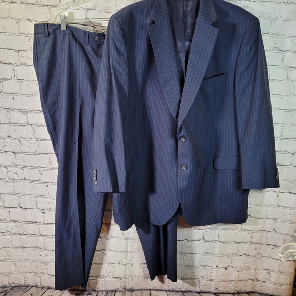 JACK VICTOR MENS BLUE PIN STRIPE WOOL 2 PC‎ SUIT SIZE: 49R  PANTS: 44x30 - Picture 1 of 11